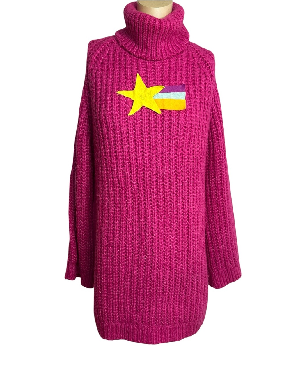 Vero Moda Fuchsia Chunky Knit Turtleneck Sweater Tunic Star Size L